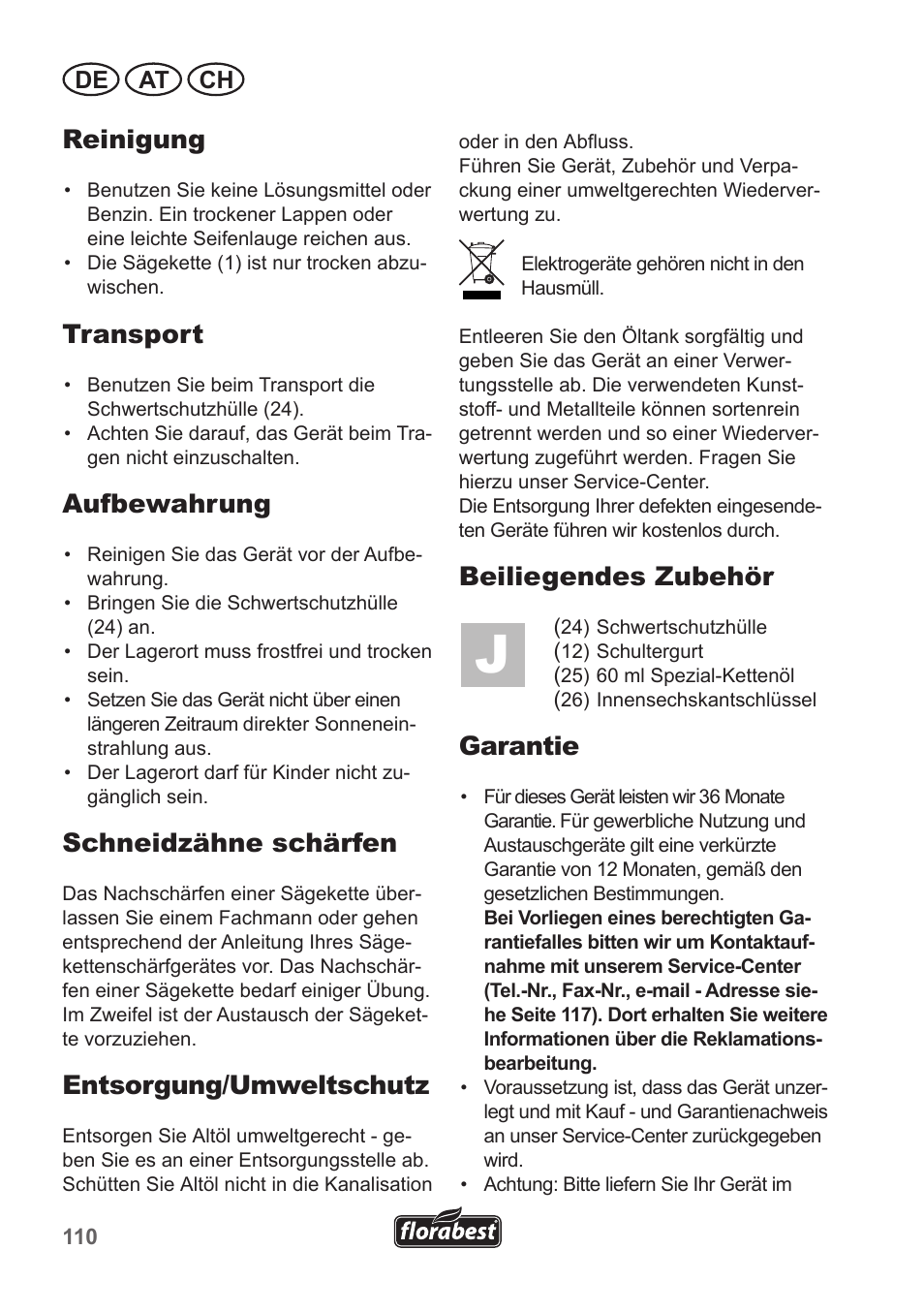 Reinigung, Transport, Aufbewahrung | Schneidzähne schärfen, Entsorgung/umweltschutz, Beiliegendes zubehör, Garantie, De at ch | Florabest FHE 550 A1 User Manual | Page 110 / 118