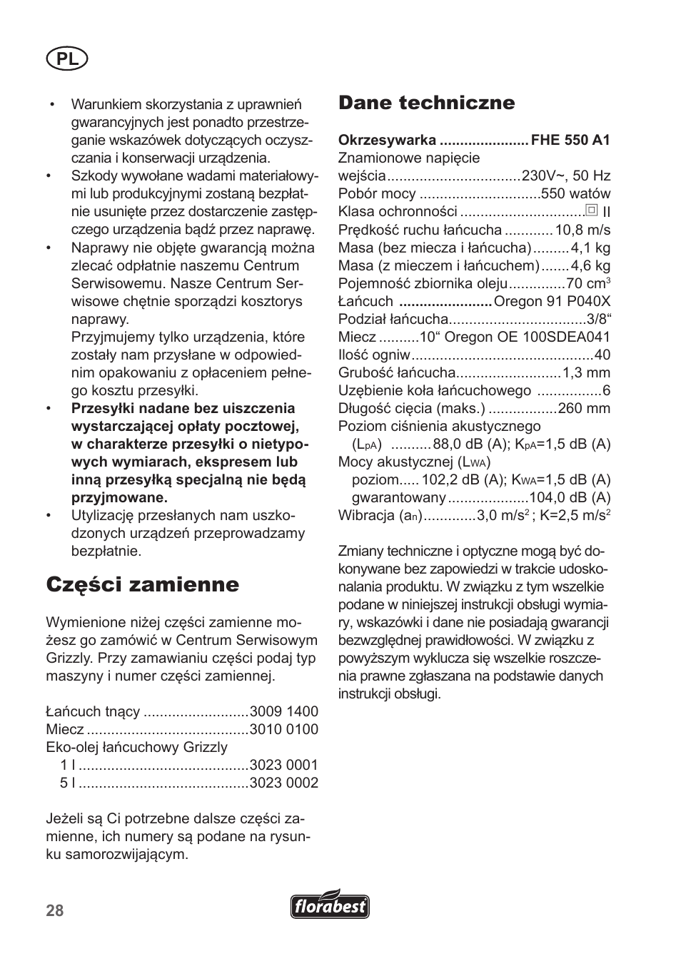 Części zamienne, Dane techniczne | Florabest FHE 550 A1 User Manual | Page 28 / 118