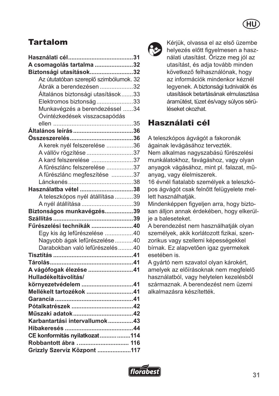 Használati cél, Tartalom | Florabest FHE 550 A1 User Manual | Page 31 / 118
