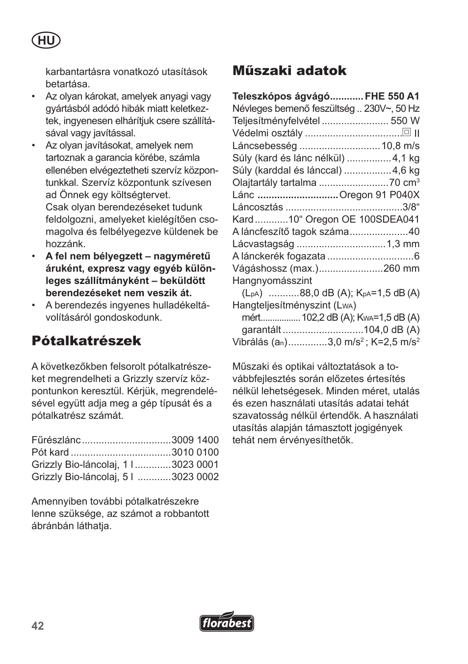 Pótalkatrészek, Műszaki adatok | Florabest FHE 550 A1 User Manual | Page 42 / 118
