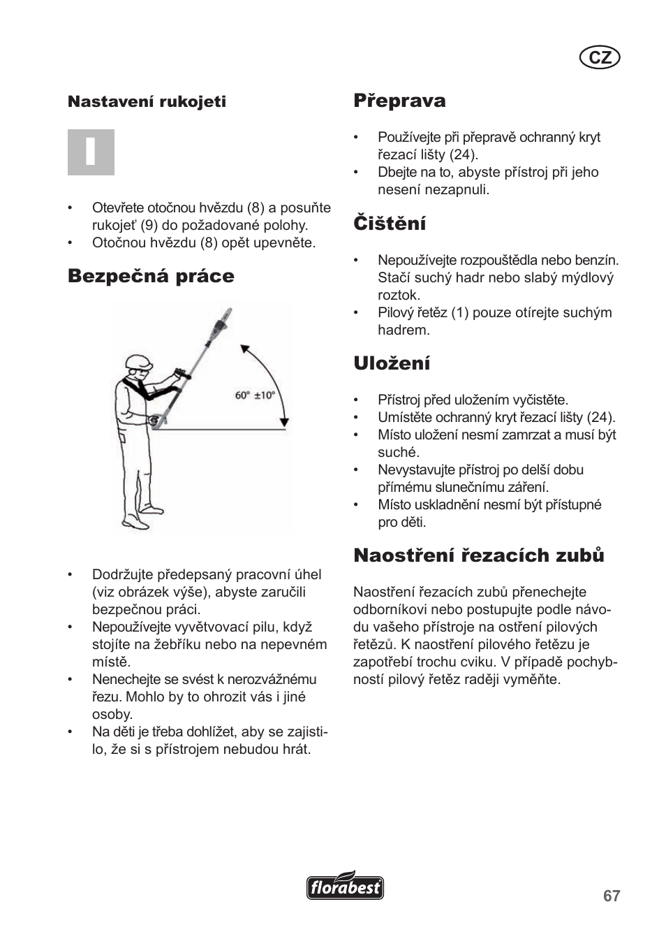 Bezpečná práce, Přeprava, Čištění | Uložení, Naostření řezacích zubů | Florabest FHE 550 A1 User Manual | Page 67 / 118