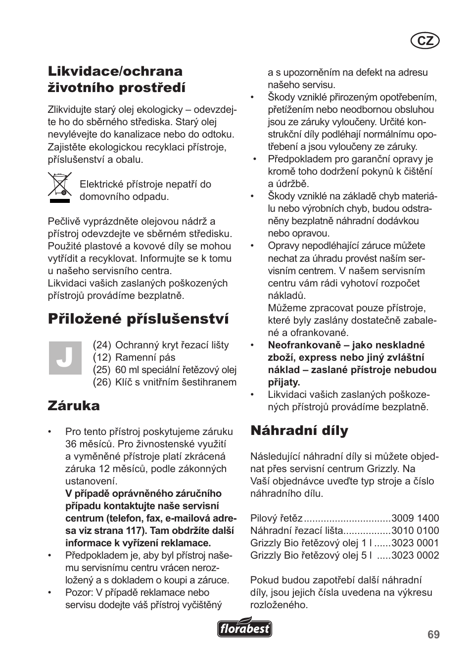Přiložené příslušenství, Likvidace/ochrana životního prostředí, Záruka | Náhradní díly | Florabest FHE 550 A1 User Manual | Page 69 / 118