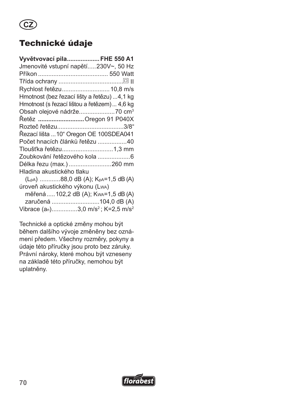 Technické údaje | Florabest FHE 550 A1 User Manual | Page 70 / 118