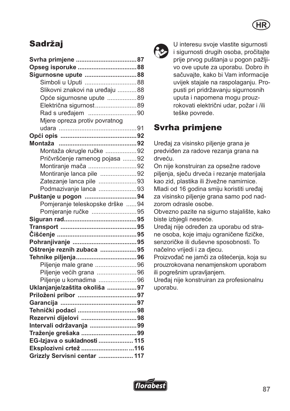 Svrha primjene, Sadržaj | Florabest FHE 550 A1 User Manual | Page 87 / 118