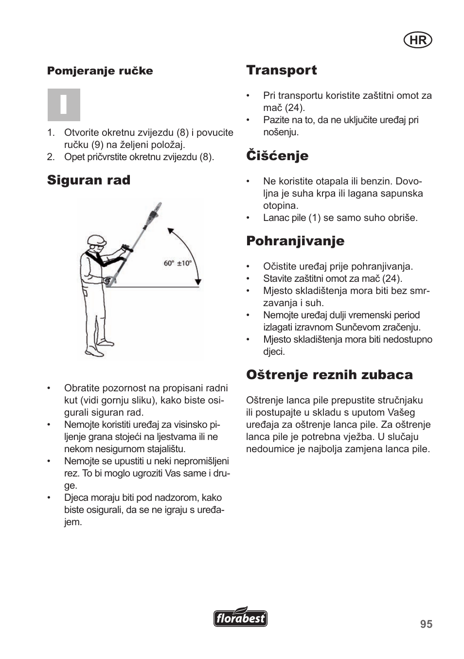 Siguran rad, Transport, Čišćenje | Pohranjivanje, Oštrenje reznih zubaca | Florabest FHE 550 A1 User Manual | Page 95 / 118