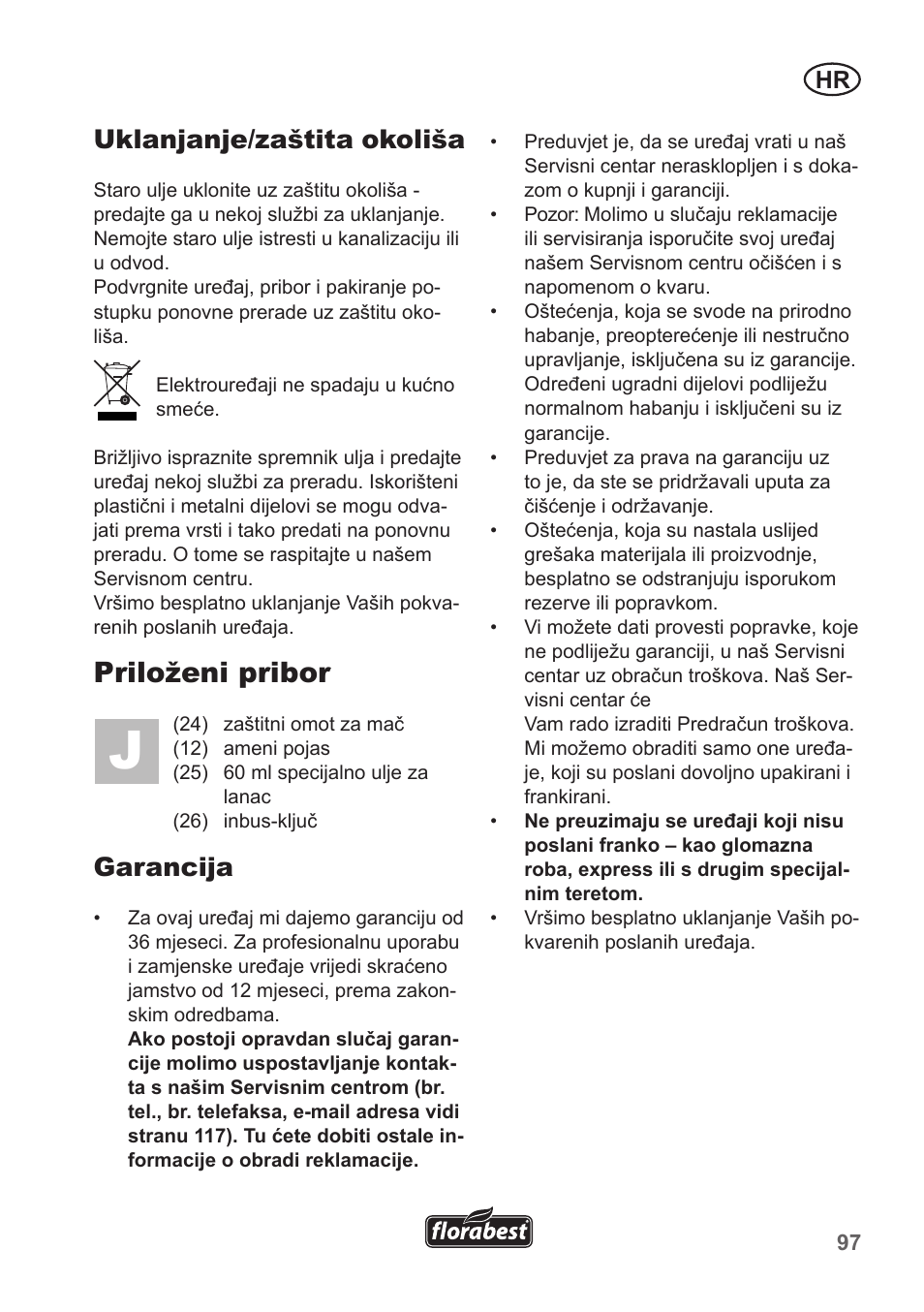 Priloženi pribor, Uklanjanje/zaštita okoliša, Garancija | Florabest FHE 550 A1 User Manual | Page 97 / 118