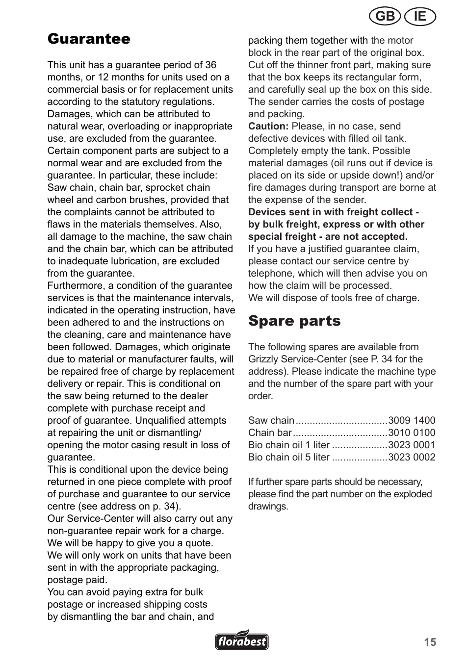 Guarantee, Spare parts, Ie gb | Florabest FHE 550 A1 User Manual | Page 15 / 35