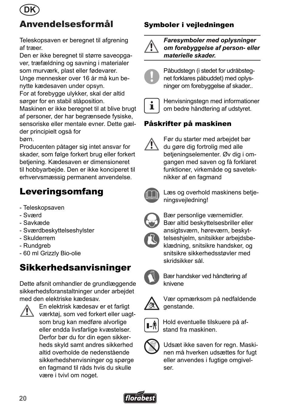 Anvendelsesformål, Leveringsomfang, Sikkerhedsanvisninger | Florabest FHE 550 A1 User Manual | Page 20 / 35