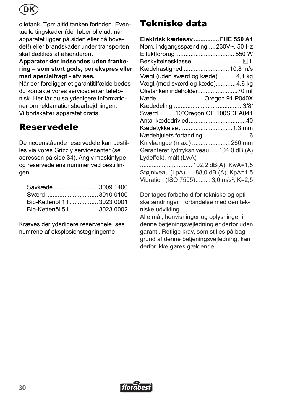 Reservedele, Tekniske data | Florabest FHE 550 A1 User Manual | Page 30 / 35