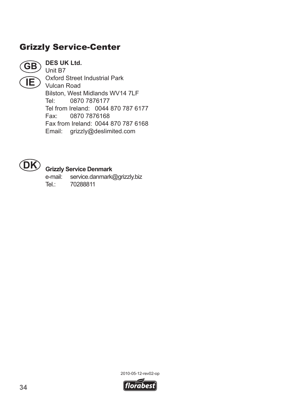 Ie dk, Grizzly service-center | Florabest FHE 550 A1 User Manual | Page 34 / 35