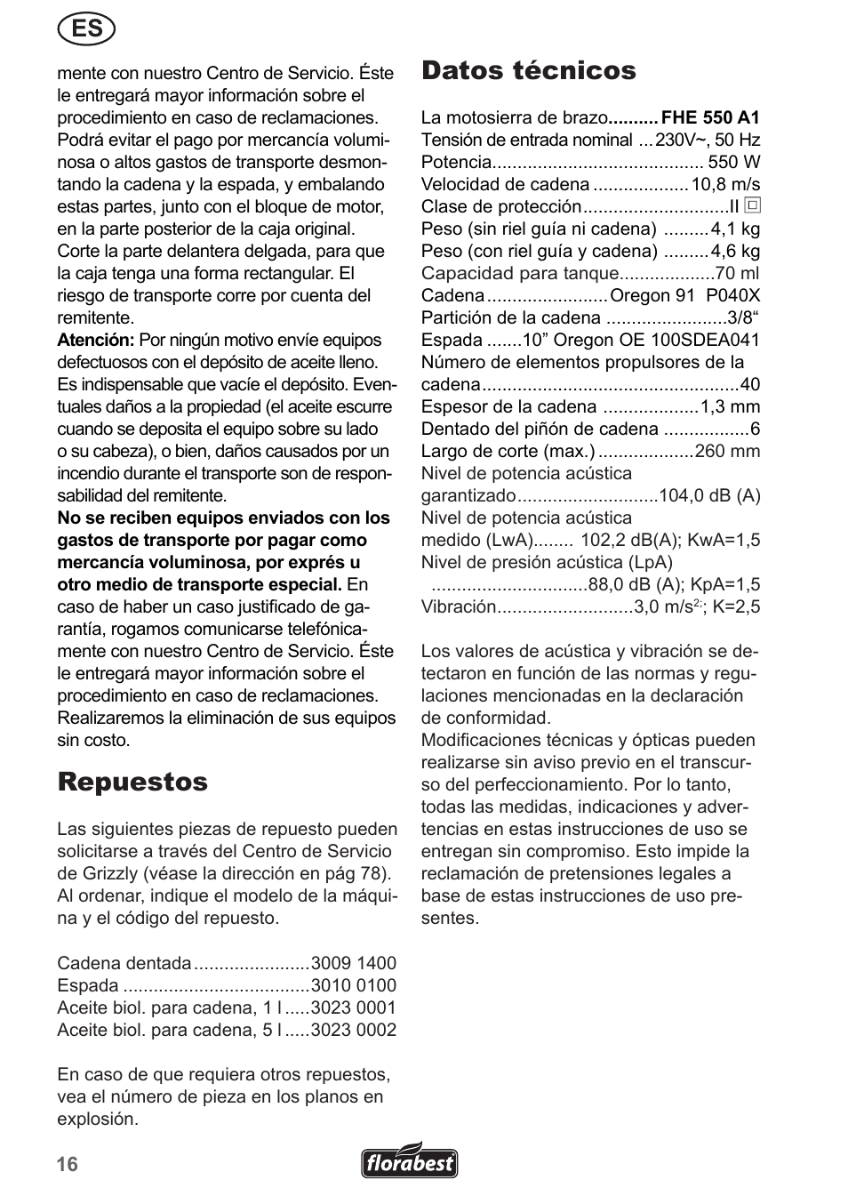Repuestos, Datos técnicos | Florabest FHE 550 A1 User Manual | Page 16 / 79