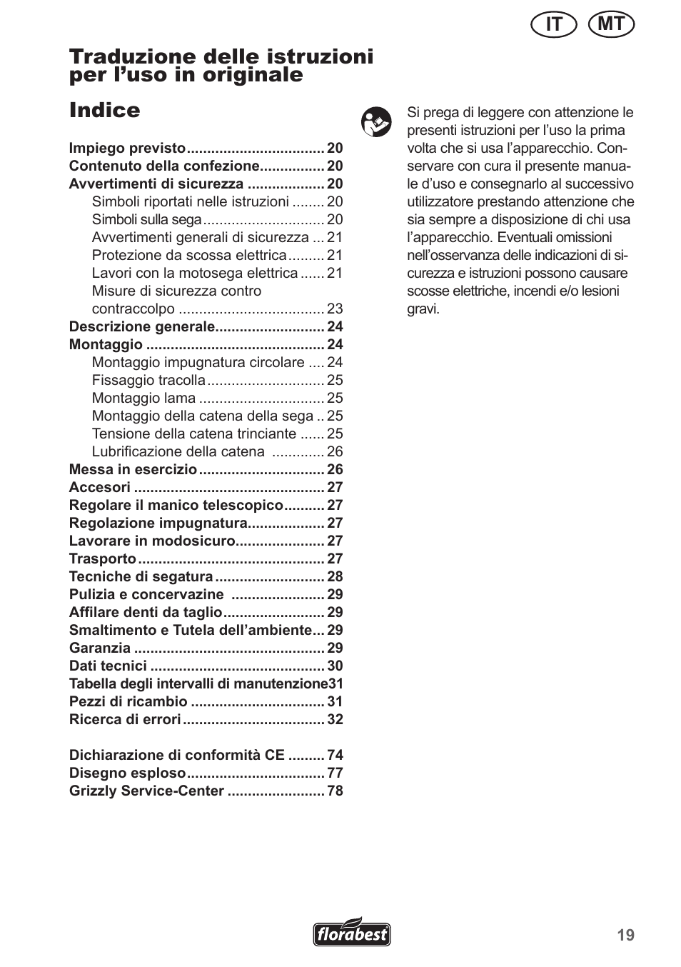 Indice, Traduzione delle istruzioni per l’uso in originale, Mt it | Florabest FHE 550 A1 User Manual | Page 19 / 79