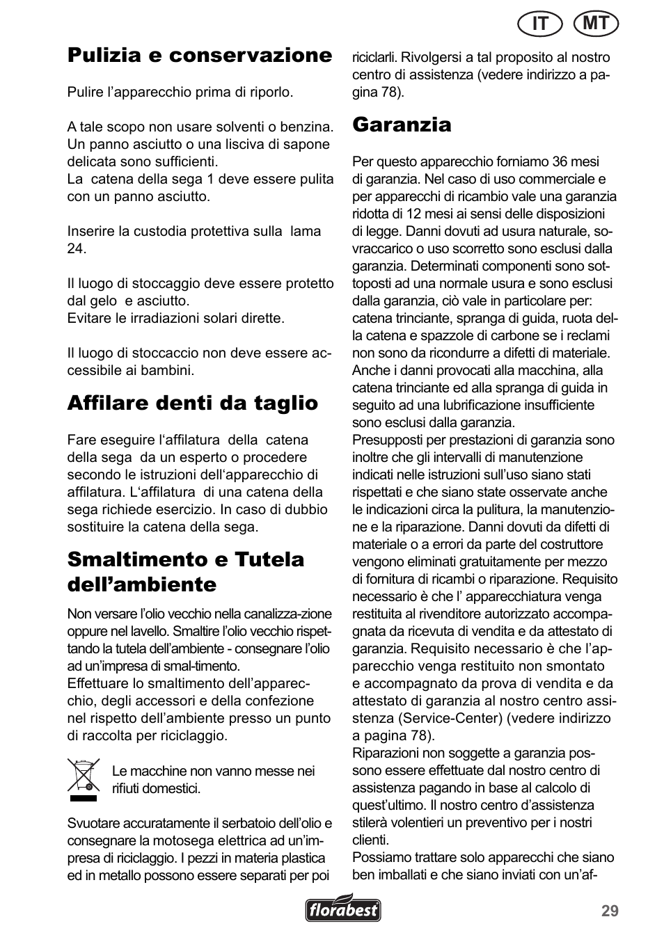 Pulizia e conservazione, Affilare denti da taglio, Smaltimento e tutela dell’ambiente | Garanzia, Mt it | Florabest FHE 550 A1 User Manual | Page 29 / 79