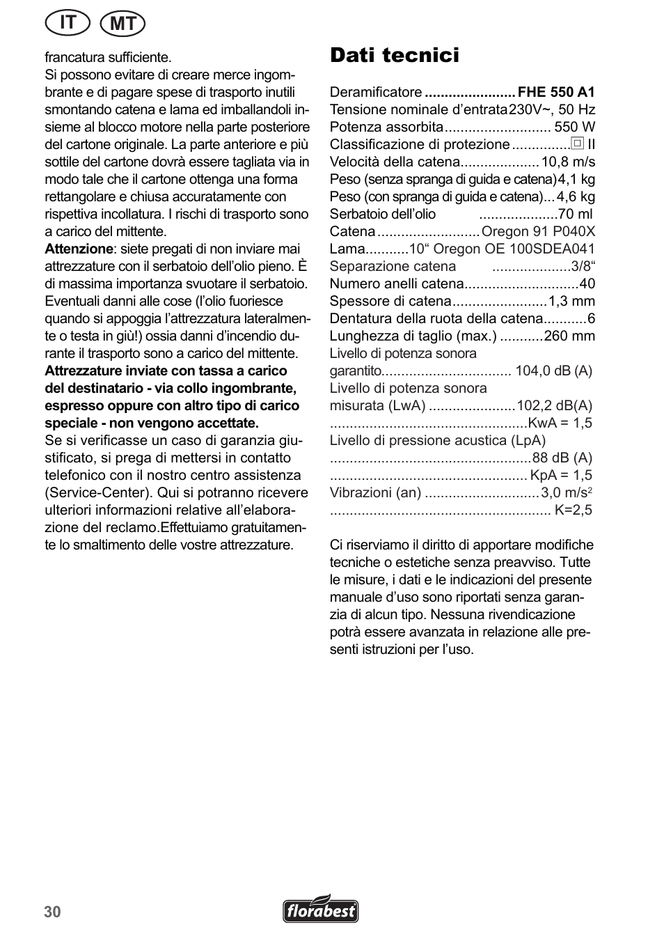 Dati tecnici, It mt | Florabest FHE 550 A1 User Manual | Page 30 / 79
