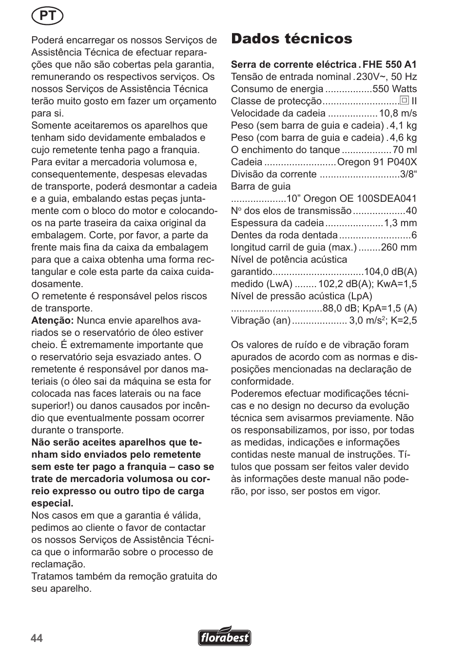 Dados técnicos | Florabest FHE 550 A1 User Manual | Page 44 / 79
