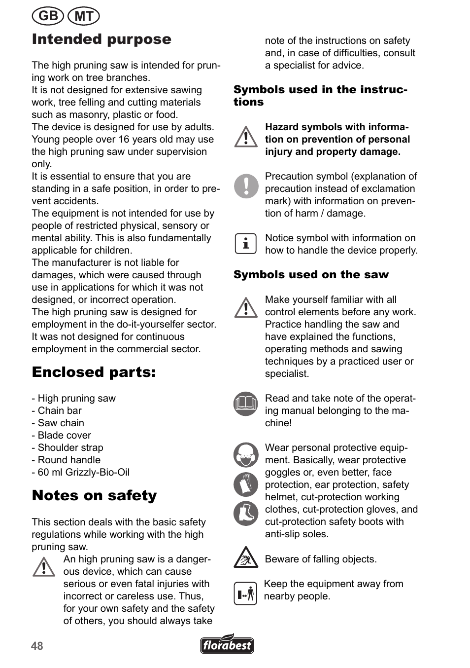 Intended purpose, Enclosed parts, Mt gb | Florabest FHE 550 A1 User Manual | Page 48 / 79