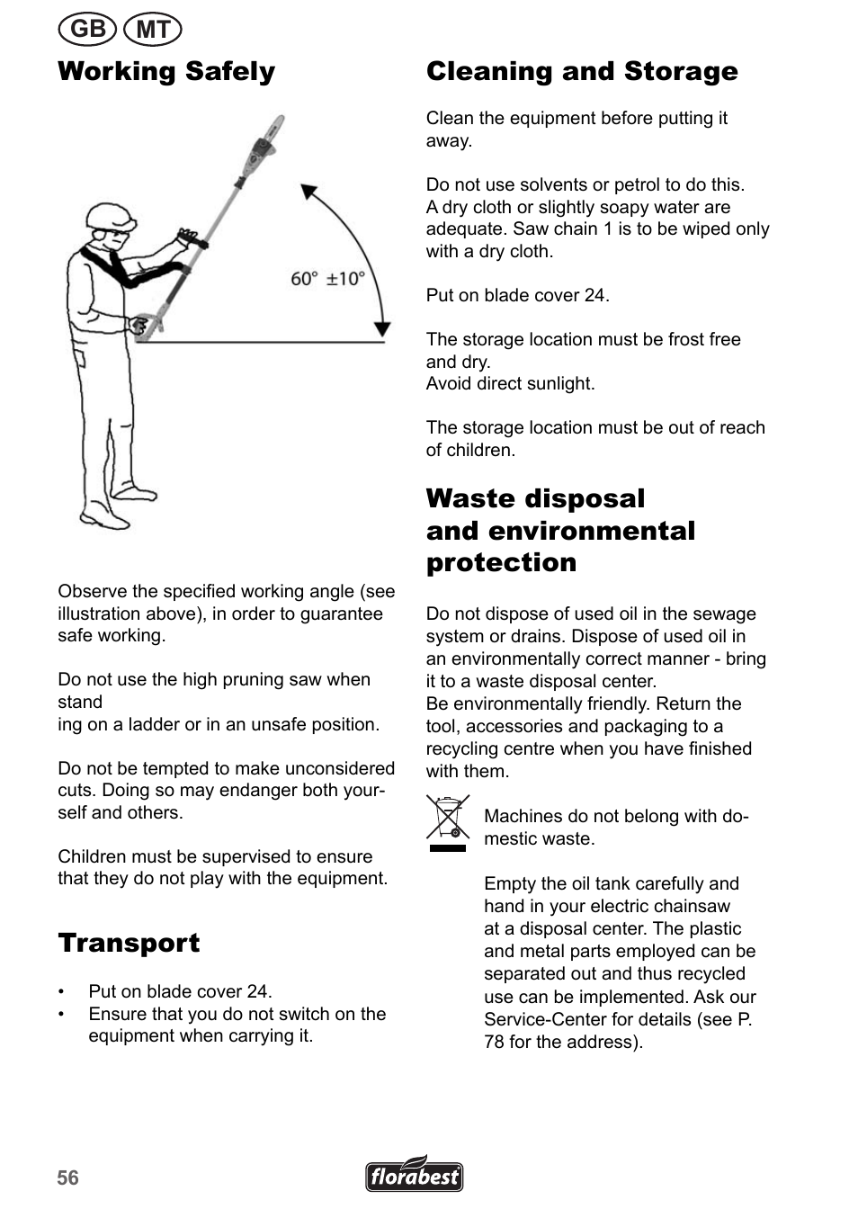 Working safely, Transport, Cleaning and storage | Waste disposal and environmental protection, Mt gb | Florabest FHE 550 A1 User Manual | Page 56 / 79