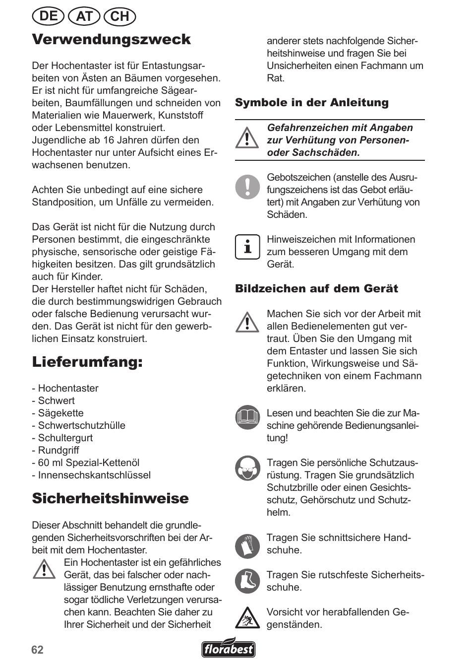 Verwendungszweck, Lieferumfang, Sicherheitshinweise | Ch at de | Florabest FHE 550 A1 User Manual | Page 62 / 79