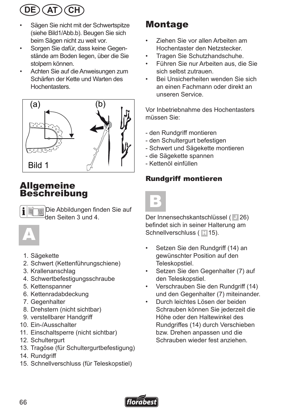 Allgemeine beschreibung, Montage, Ch at de | B) (a) bild 1 | Florabest FHE 550 A1 User Manual | Page 66 / 79