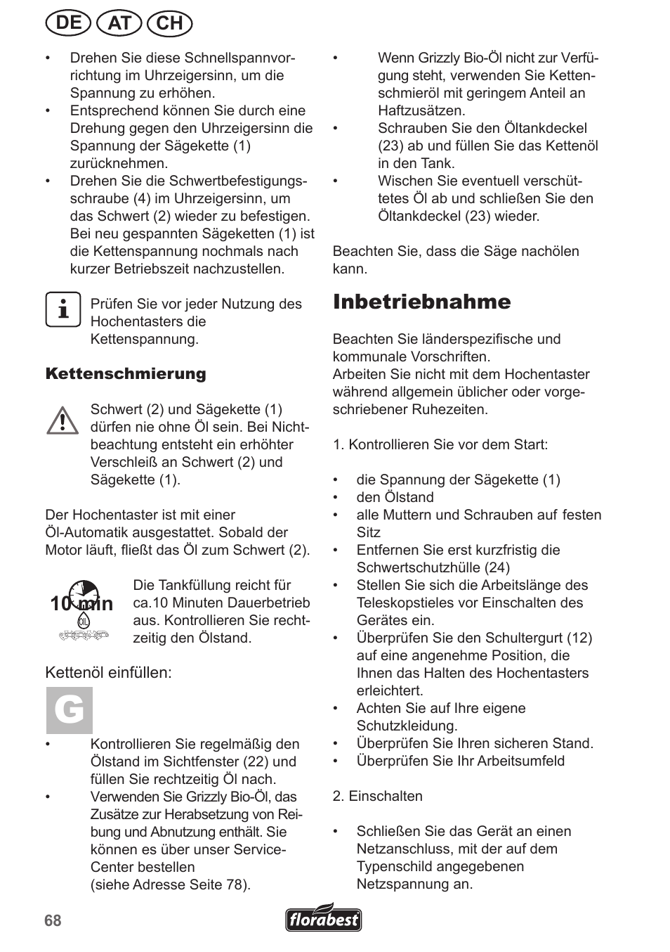 Inbetriebnahme, 10 min, Ch at de | Florabest FHE 550 A1 User Manual | Page 68 / 79