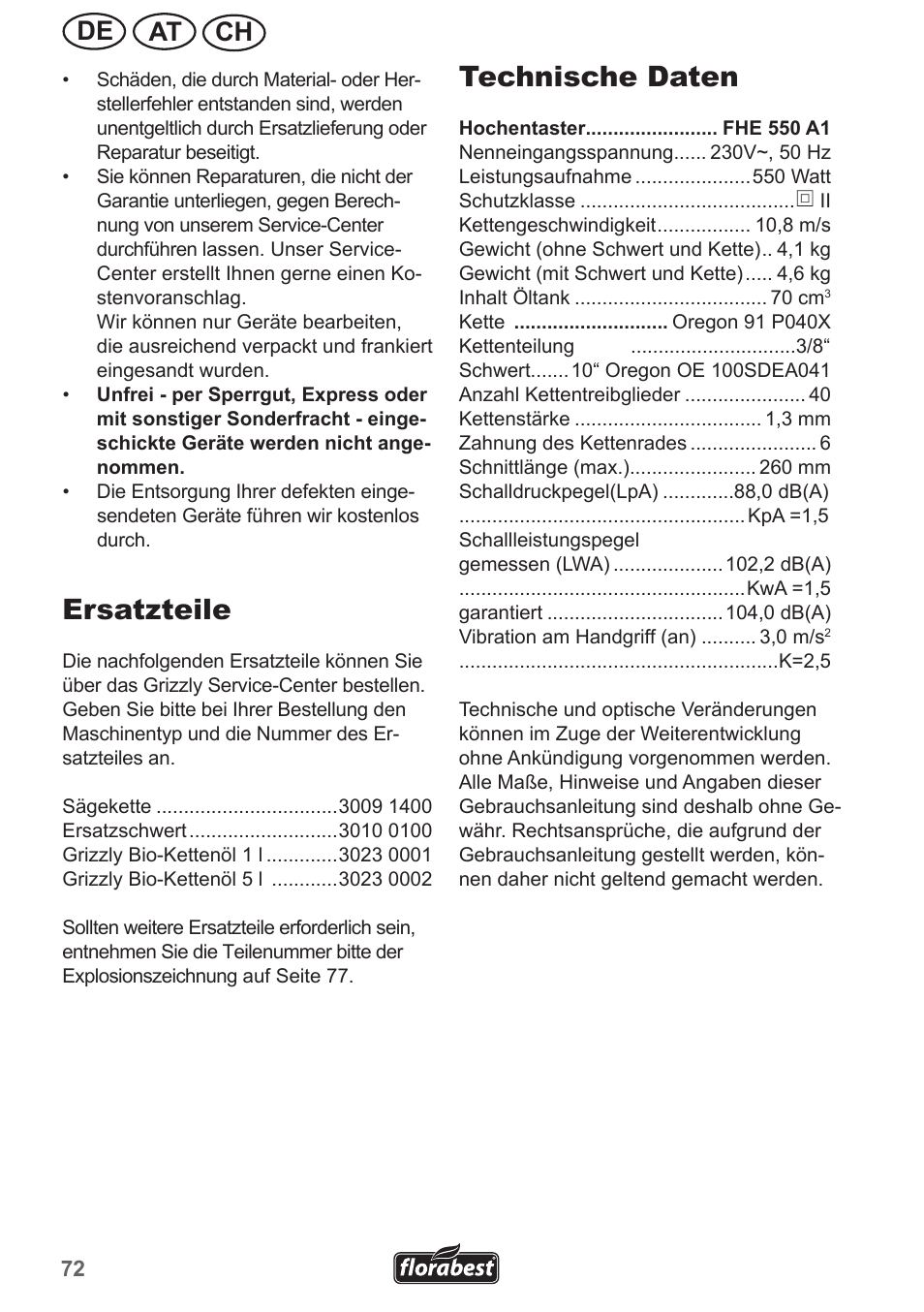 Ersatzteile, Technische daten, Ch at de | Florabest FHE 550 A1 User Manual | Page 72 / 79