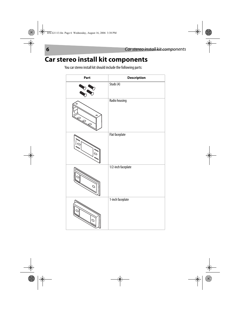 Car stereo install kit components | Dynex DX-G1113 User Manual | Page 6 / 156