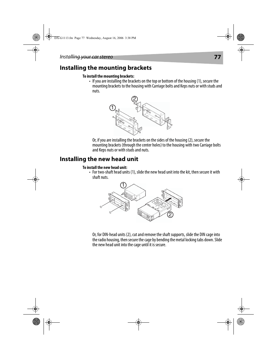 77 installing the mounting brackets, Installing the new head unit | Dynex DX-G1113 User Manual | Page 77 / 156