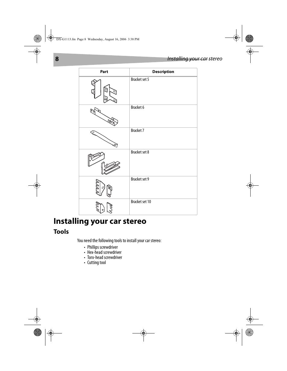 Installing your car stereo, Tools | Dynex DX-G1113 User Manual | Page 8 / 156