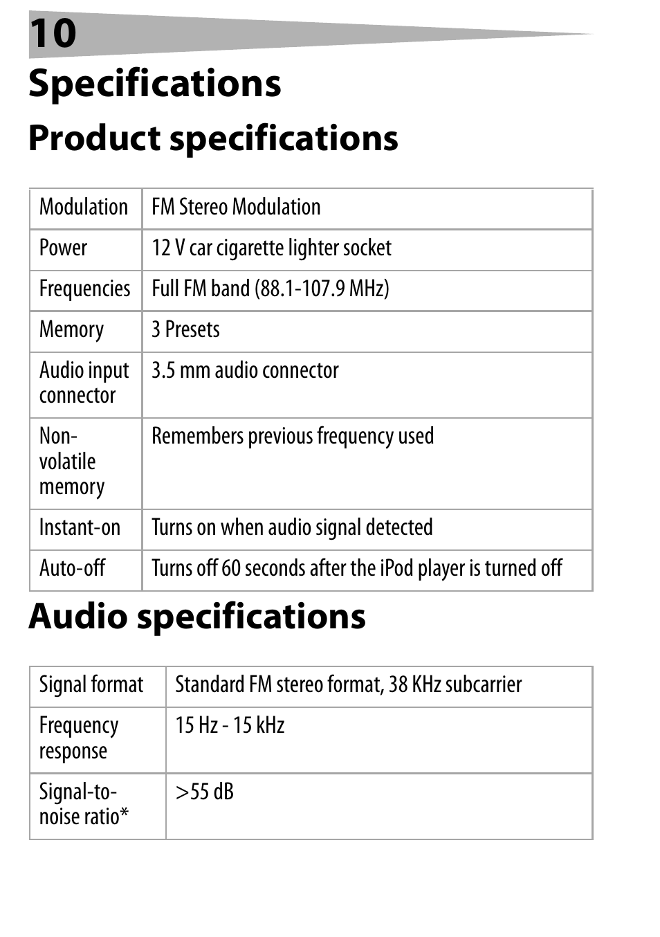 Specifications, Product specifications, Audio specifications | Product specifications audio specifications | Dynex DX-FMRDS User Manual | Page 10 / 50