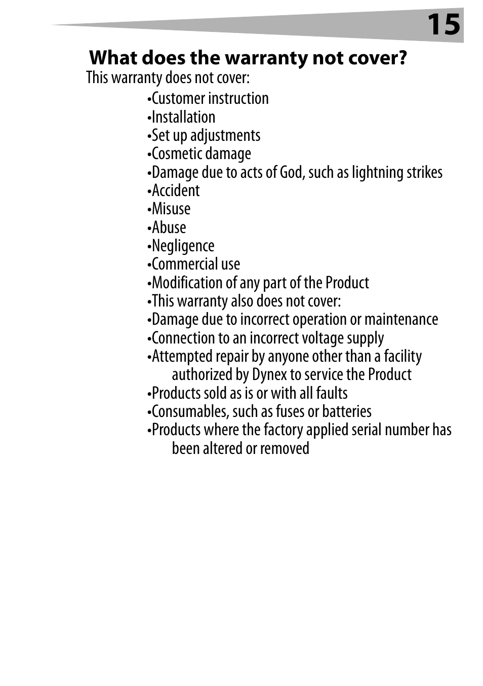 What does the warranty not cover | Dynex DX-FMRDS User Manual | Page 15 / 50