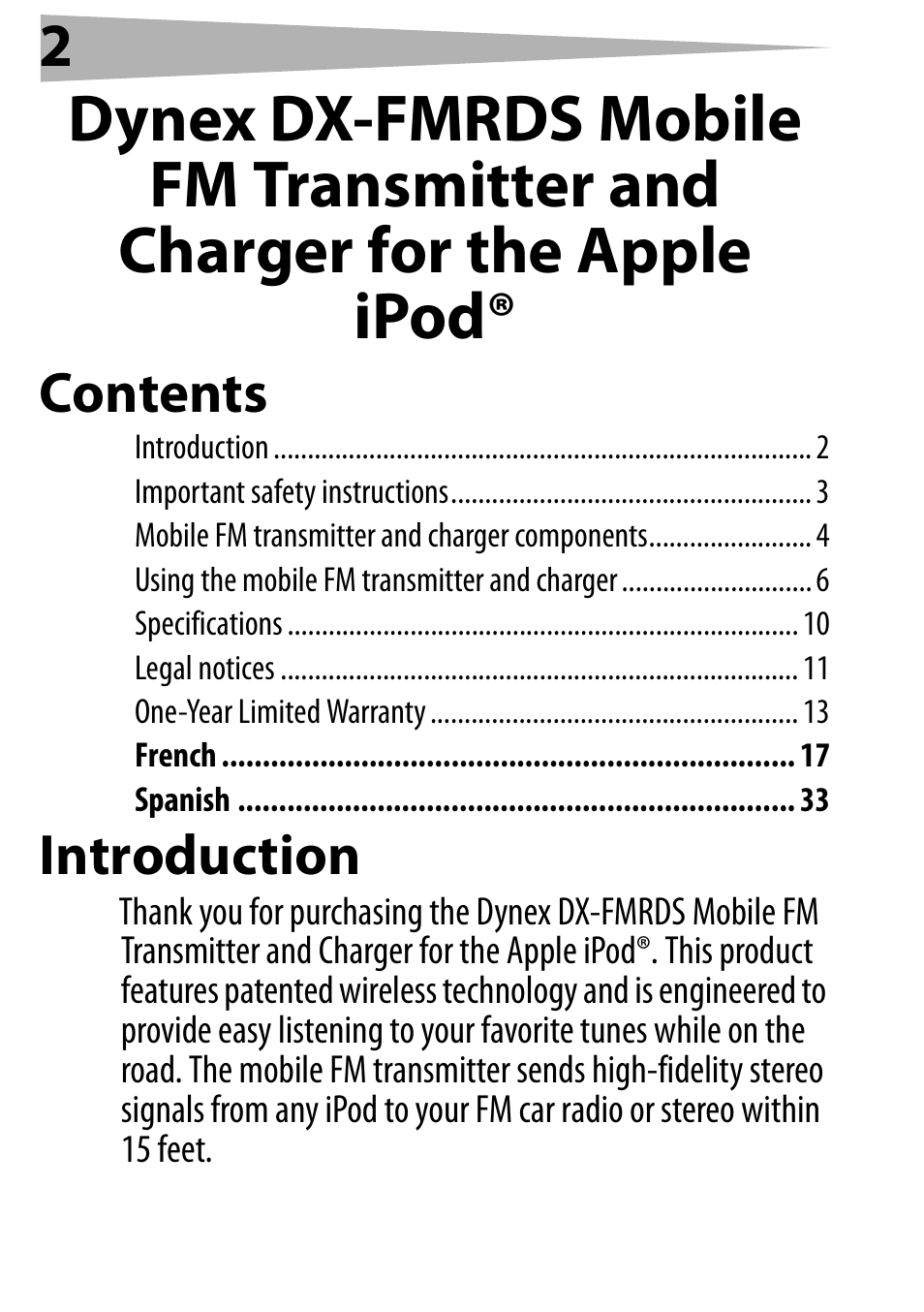 Dynex DX-FMRDS User Manual | Page 2 / 50