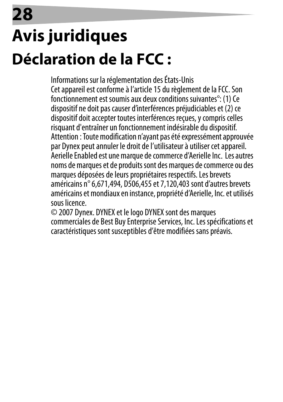 Avis juridiques, Déclaration de la fcc | Dynex DX-FMRDS User Manual | Page 28 / 50