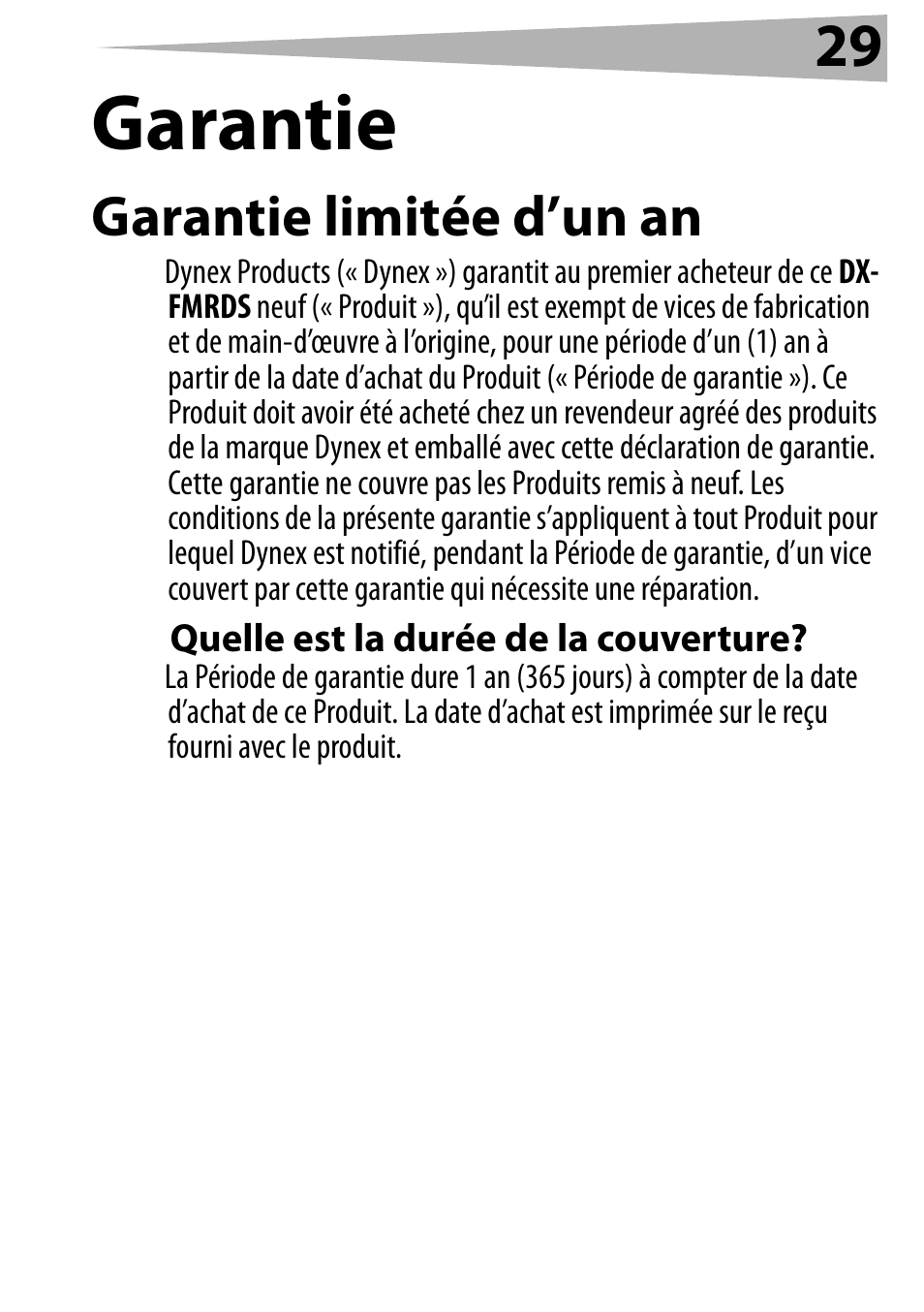Garantie, Garantie limitée d’un an, Quelle est la durée de la couverture | Dynex DX-FMRDS User Manual | Page 29 / 50