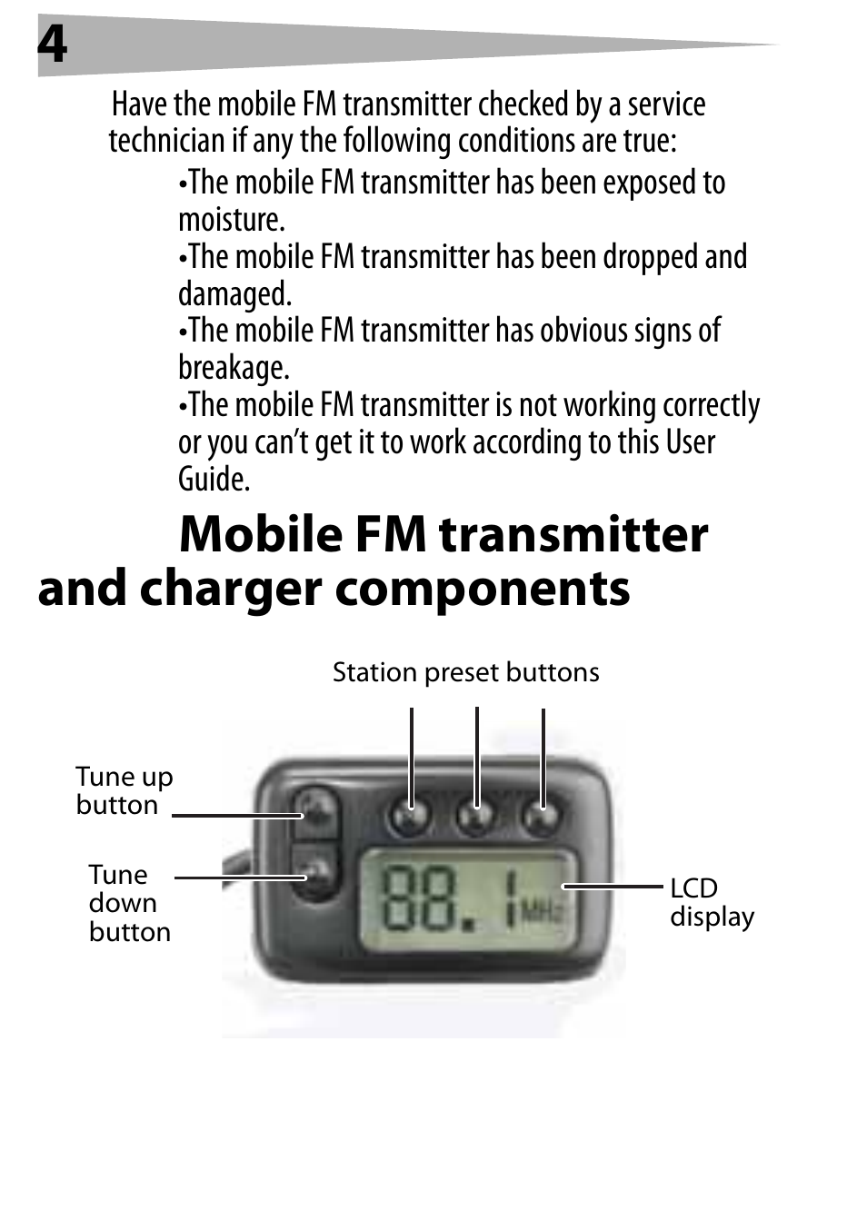 Mobile fm transmitter and charger components | Dynex DX-FMRDS User Manual | Page 4 / 50