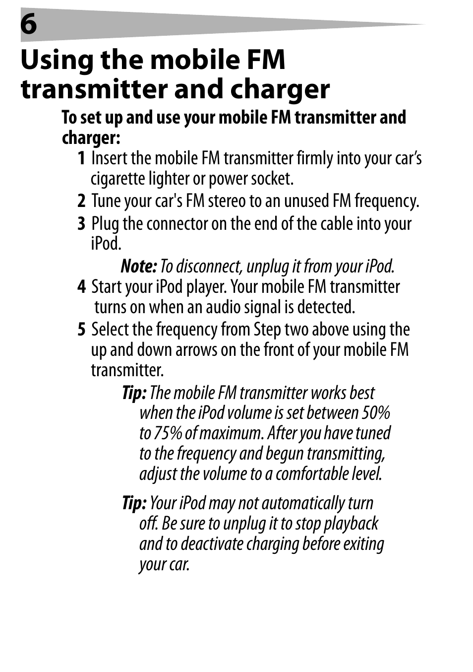 Using the mobile fm transmitter and charger | Dynex DX-FMRDS User Manual | Page 6 / 50