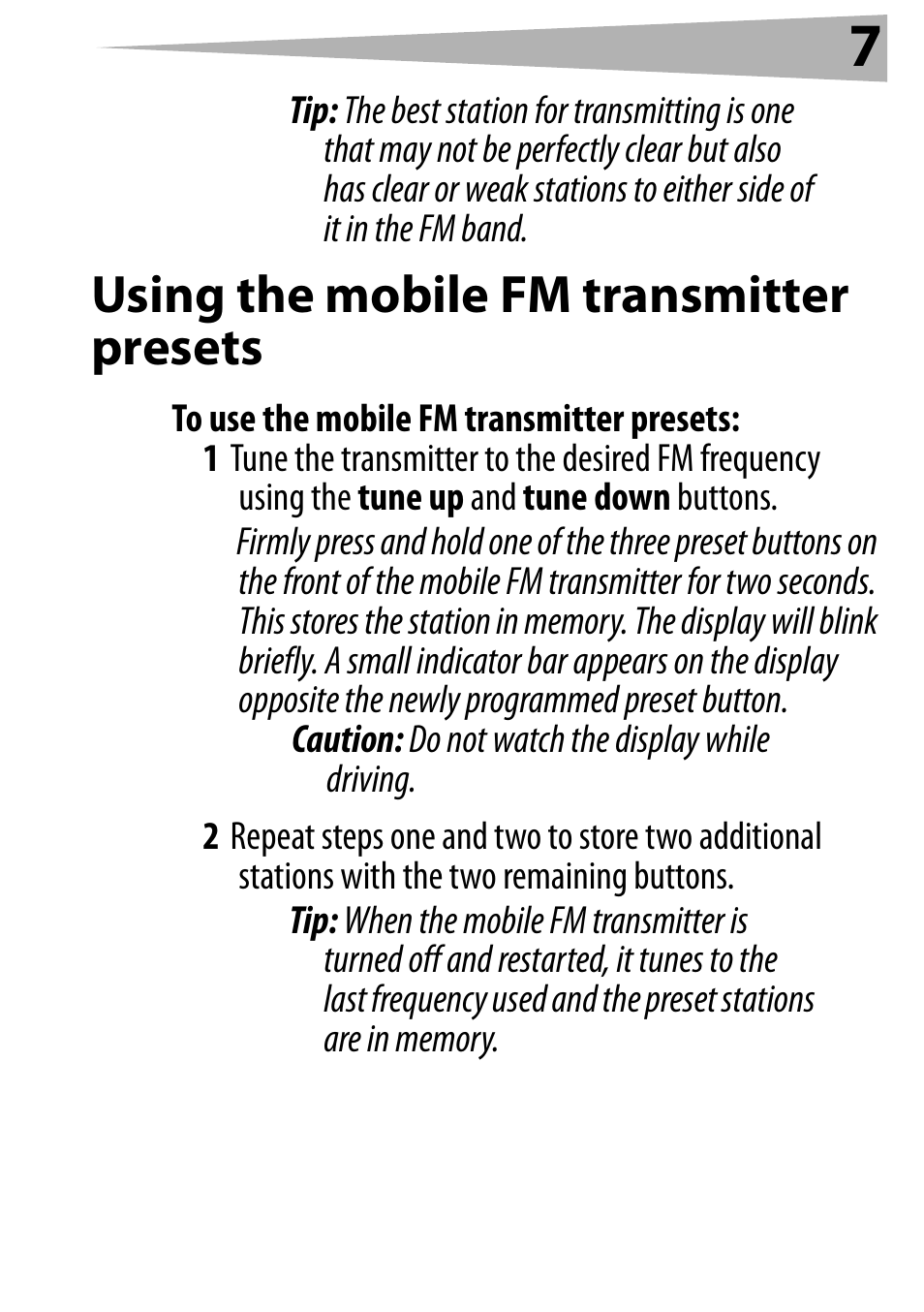 Using the mobile fm transmitter presets, To use the mobile fm transmitter presets | Dynex DX-FMRDS User Manual | Page 7 / 50