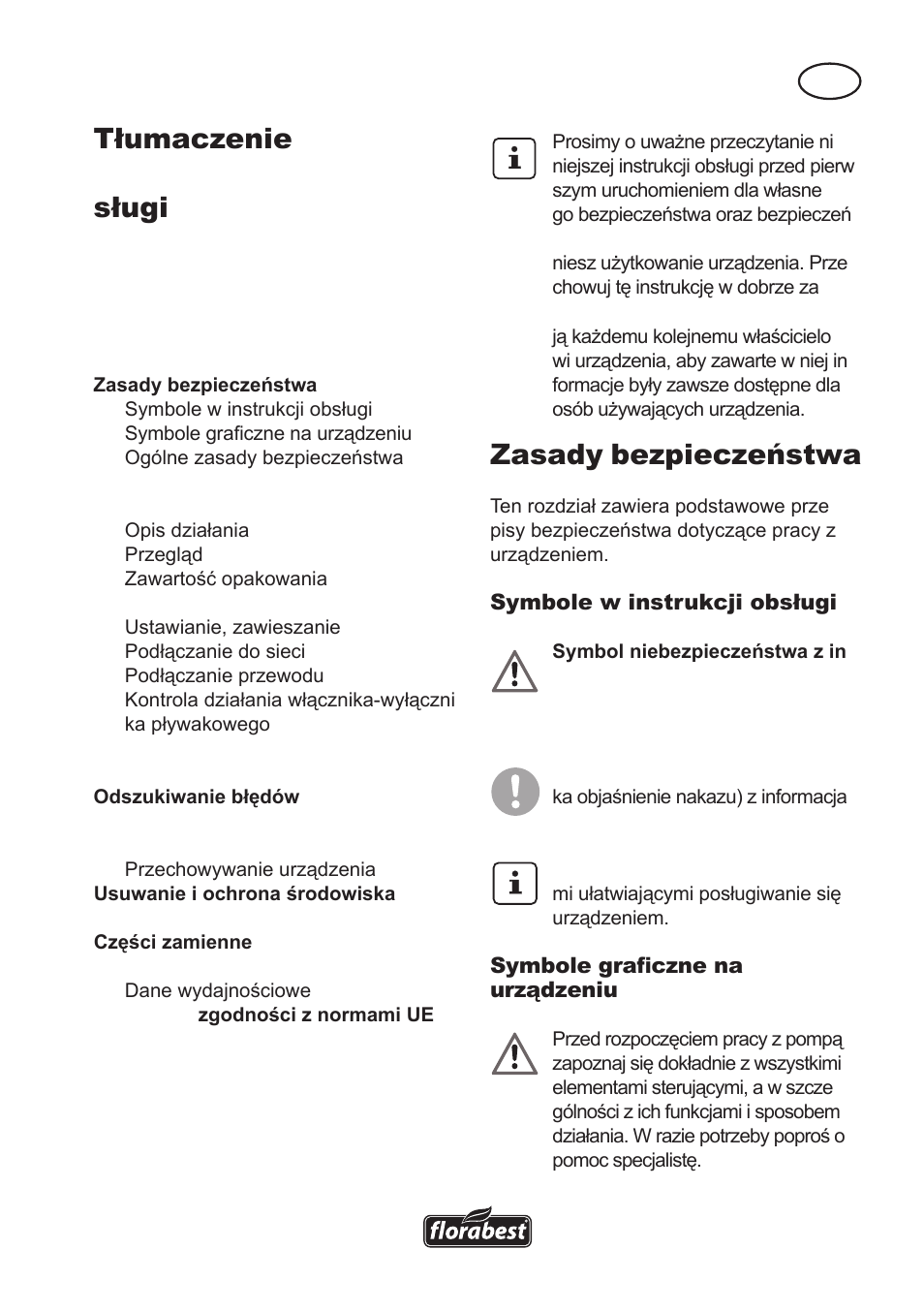 Tłumaczenie oryginalnej instrukcji sługi, Zasady bezpieczeństwa, Spis treœci | Florabest FTS 1100 A1 User Manual | Page 13 / 74