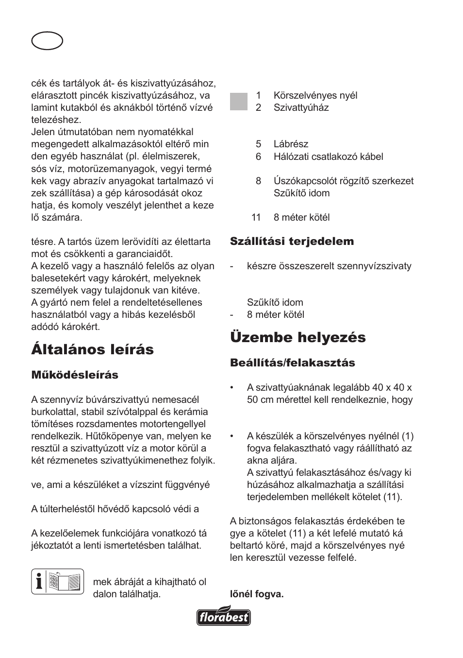 Általános leírás, Üzembe helyezés | Florabest FTS 1100 A1 User Manual | Page 26 / 74