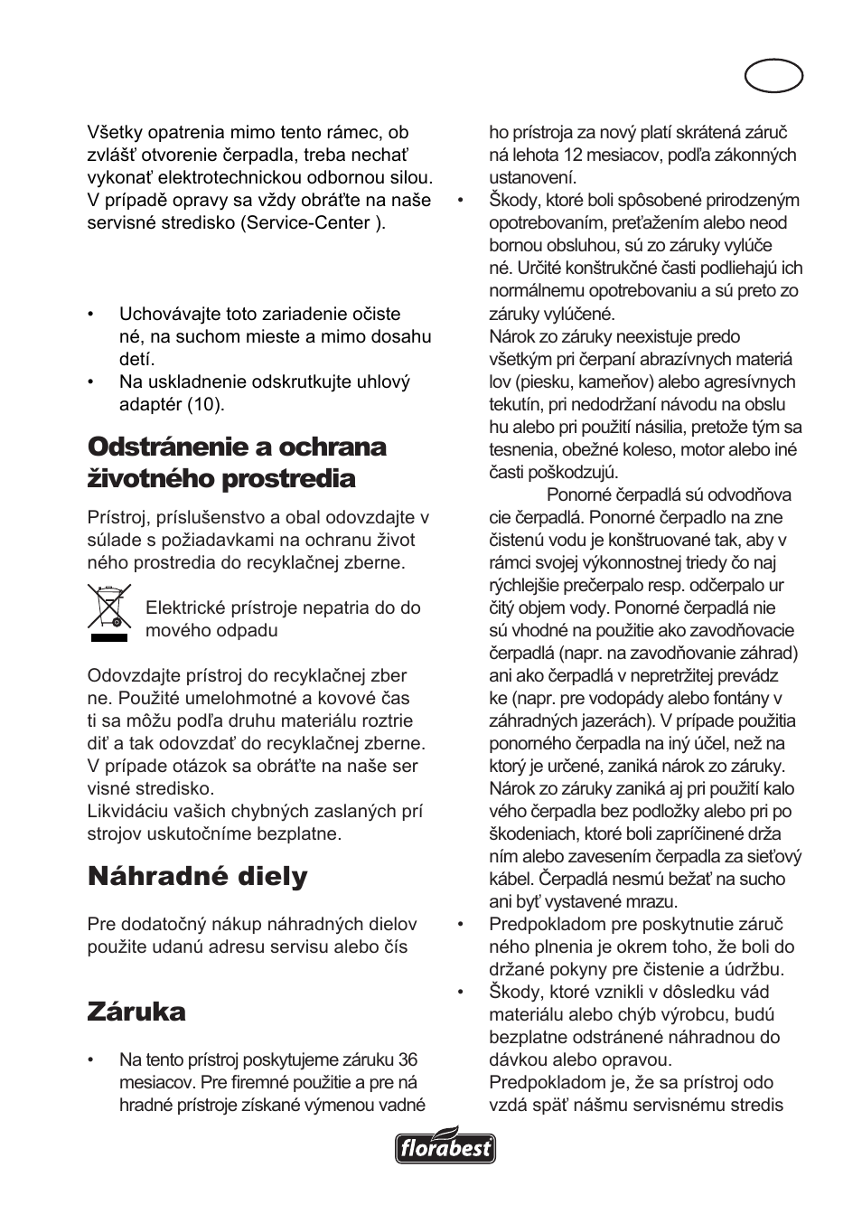 Odstránenie a ochrana životného prostredia, Náhradné diely, Záruka | Florabest FTS 1100 A1 User Manual | Page 59 / 74