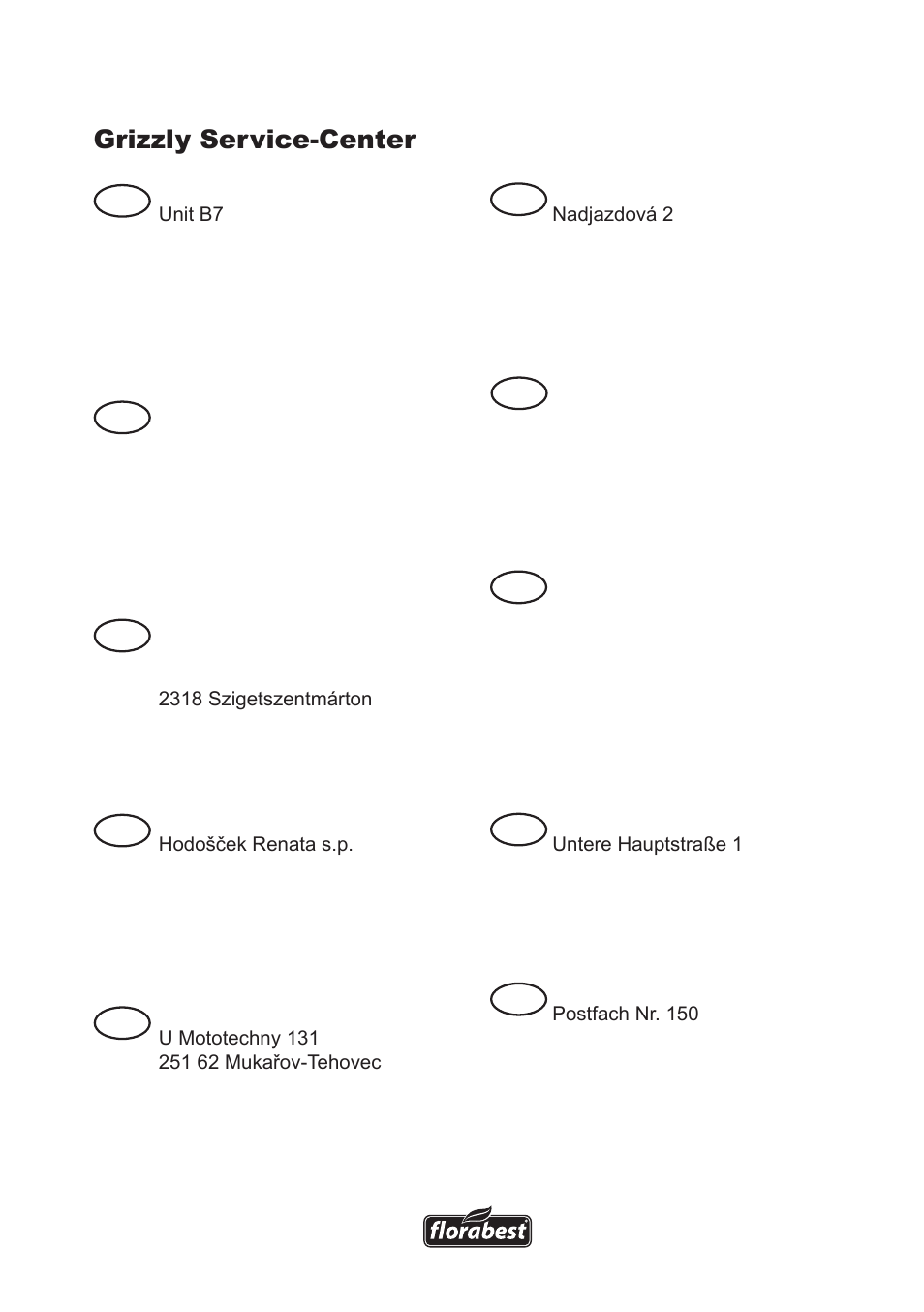 Grizzly service-center, Gb sk hr de at ch pl hu si cz | Florabest FTS 1100 A1 User Manual | Page 73 / 74
