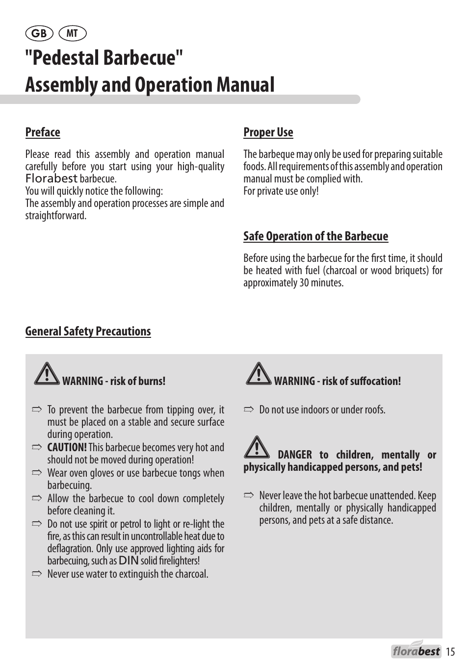 Pedestal barbecue" assembly and operation manual | Florabest 1238L3 User Manual | Page 15 / 22