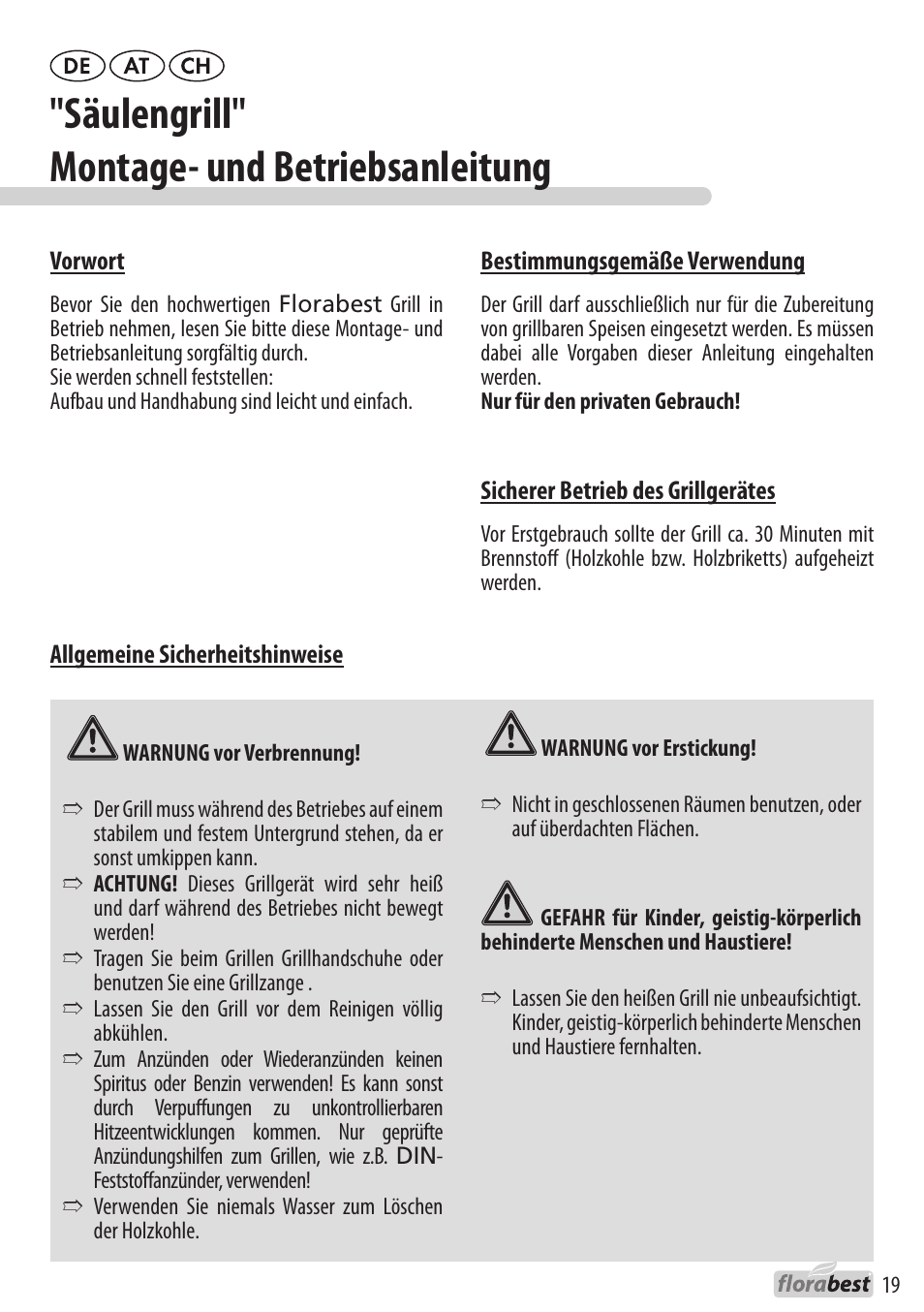 Säulengrill" montage- und betriebsanleitung | Florabest 1238L3 User Manual | Page 19 / 22