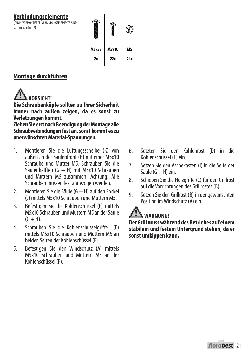 Montage durchführen, Verbindungselemente | Florabest 1238L3 User Manual | Page 21 / 22
