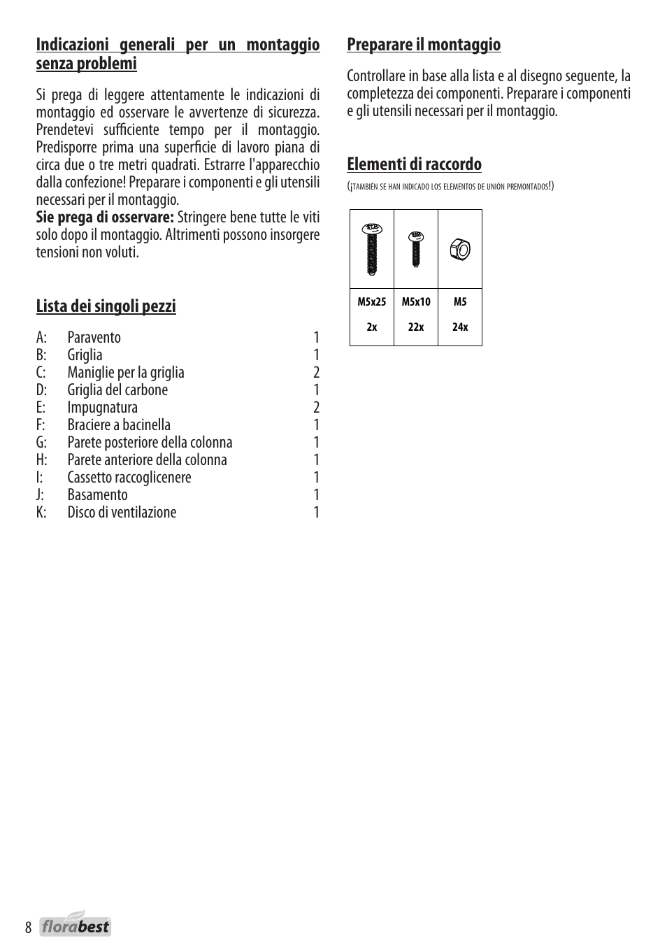 Lista dei singoli pezzi, Preparare il montaggio, Elementi di raccordo | Florabest 1238L3 User Manual | Page 8 / 22