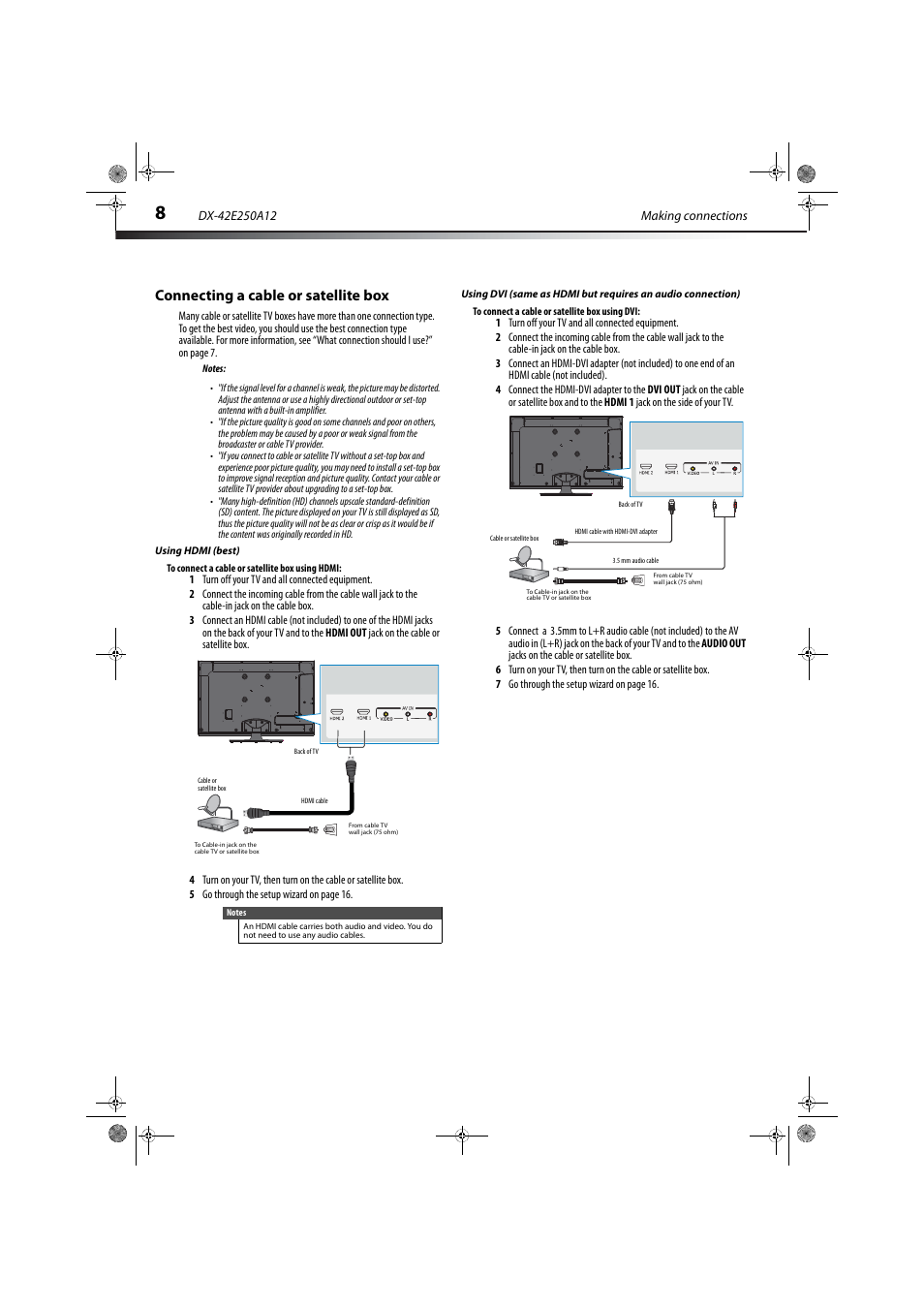 Connecting a cable or satellite box, Using hdmi (best), Ation, see “using hdmi (best) | Dynex DX-42E250A12 User Manual | Page 12 / 38