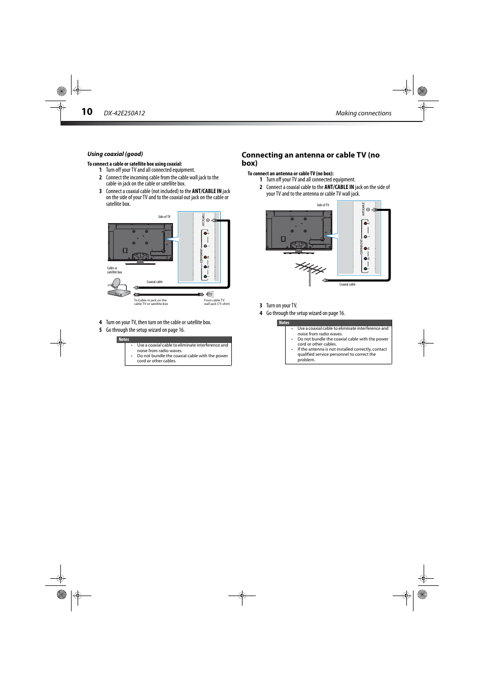 Using coaxial (good), Connecting an antenna or cable tv (no box) | Dynex DX-42E250A12 User Manual | Page 14 / 38