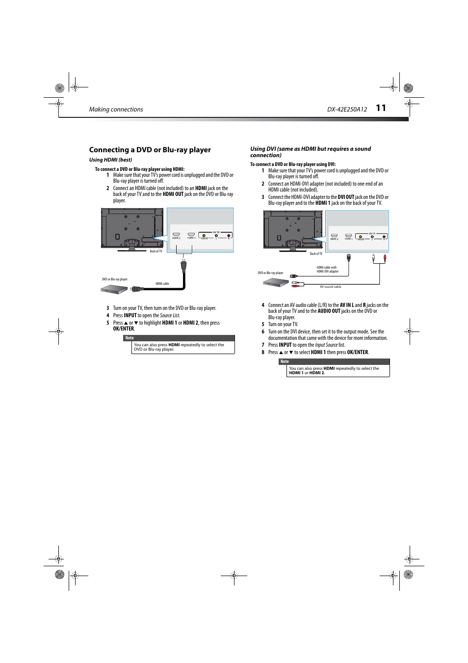 Connecting a dvd or blu-ray player, Using hdmi (best), 11, or | Dynex DX-42E250A12 User Manual | Page 15 / 38