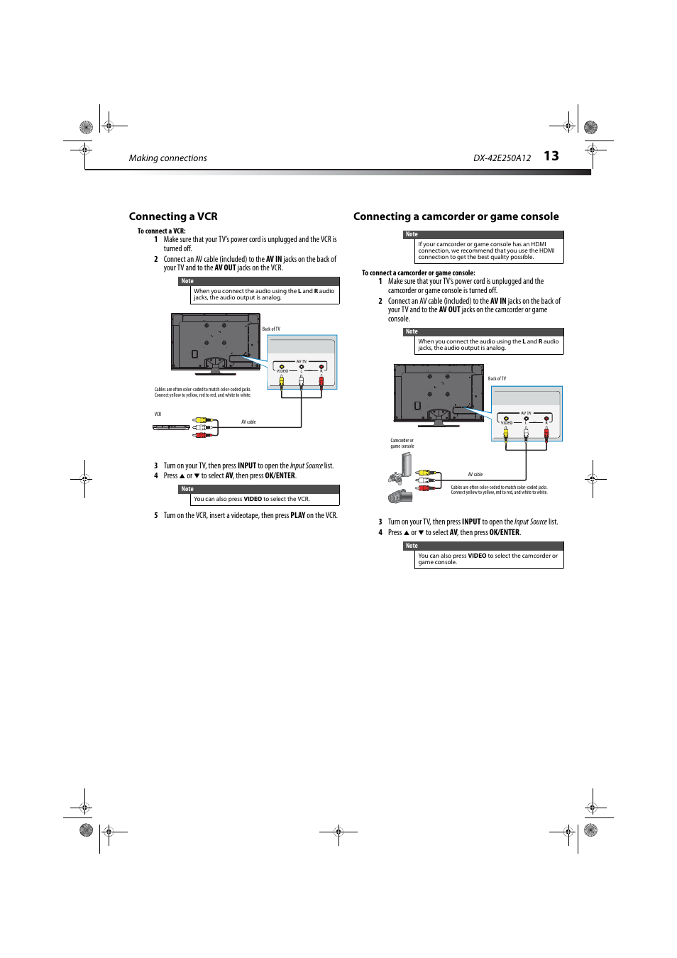 Connecting a vcr, Connecting a camcorder or game console | Dynex DX-42E250A12 User Manual | Page 17 / 38