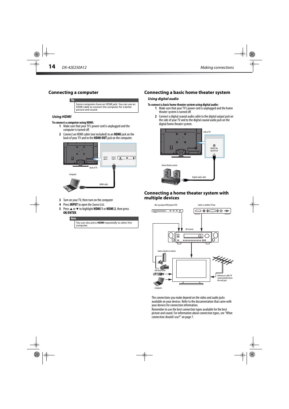 Connecting a computer, Using hdmi, Connecting a basic home theater system | Using digital audio, Using digital audio” on | Dynex DX-42E250A12 User Manual | Page 18 / 38