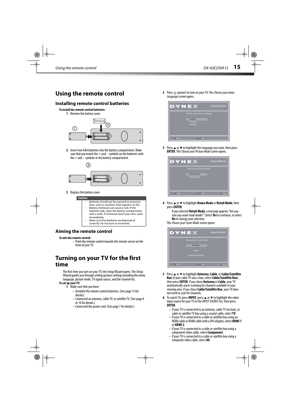 Using the remote control, Installing remote control batteries, Aiming the remote control | Turning on your tv for the first time | Dynex DX-42E250A12 User Manual | Page 19 / 38